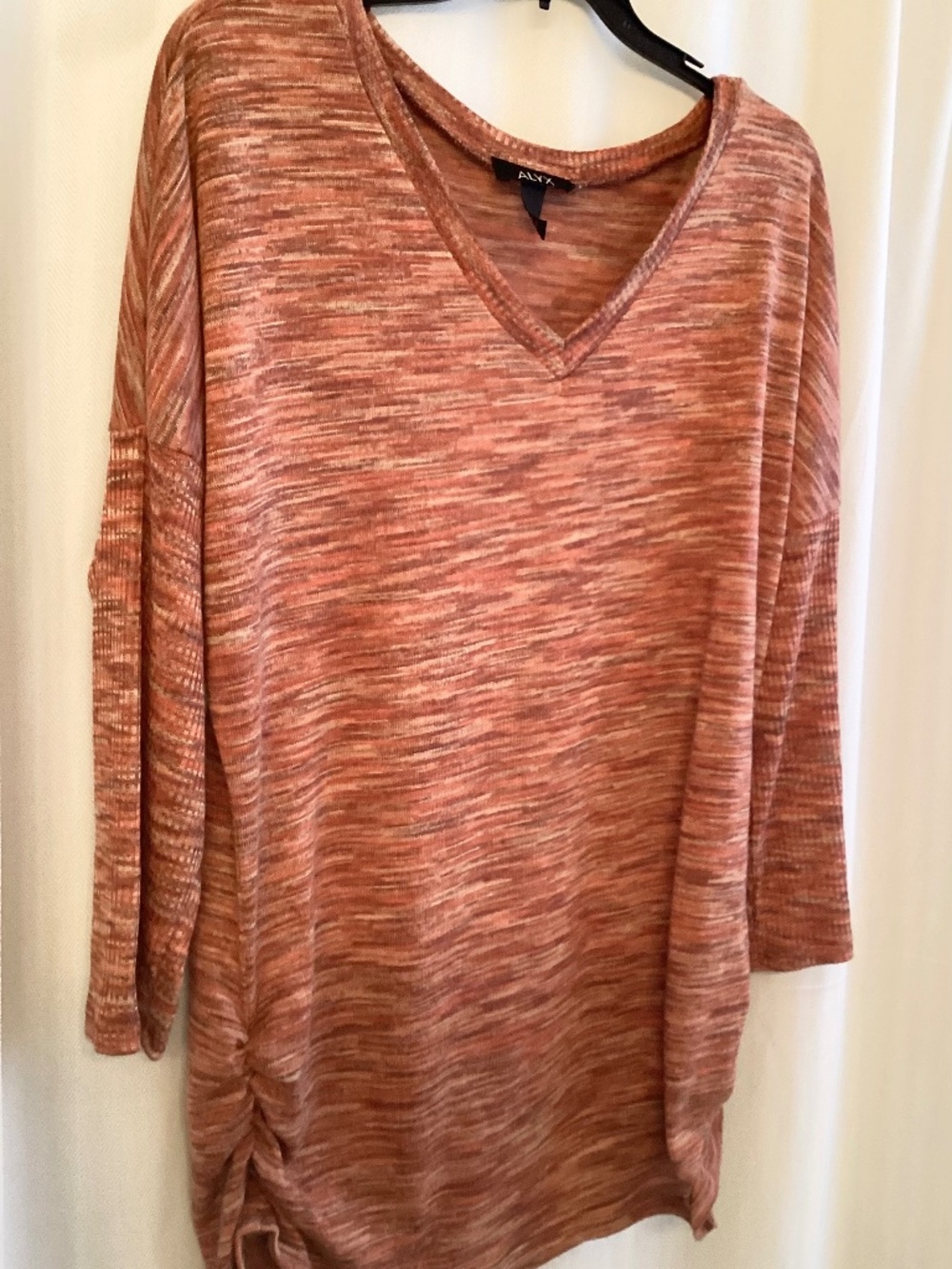 Alex - red orange long sweater, ruched sides, 3/4 sleeves, size XL